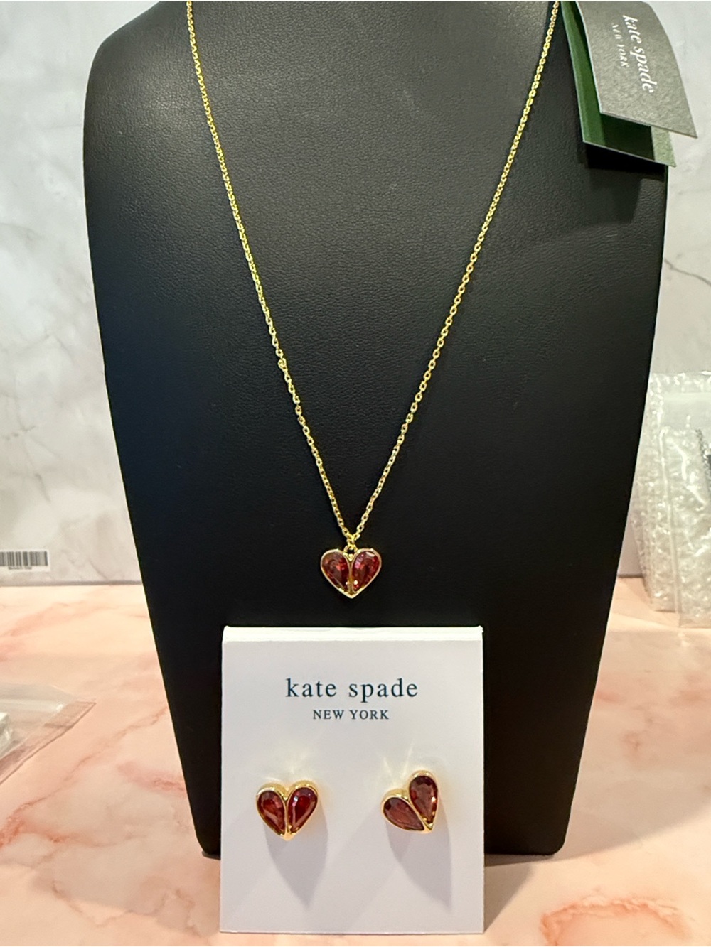 kate spade |♠️| Gold Plated Red Heart Pendant Necklace and Stud Earrings Set